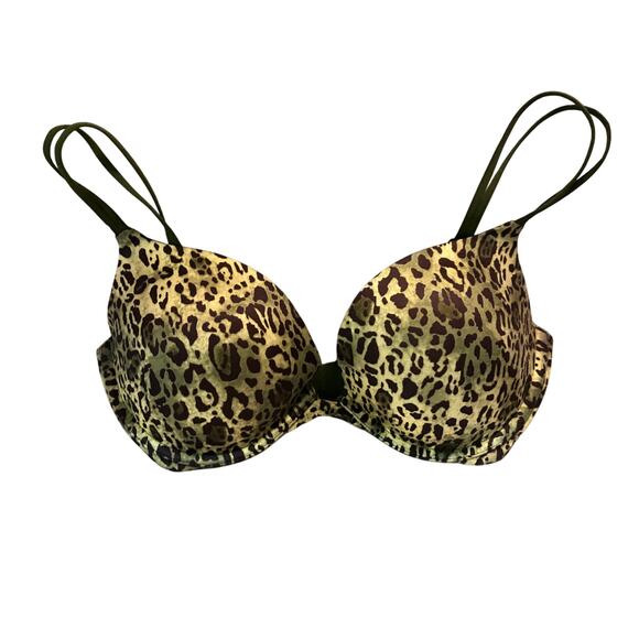Victoria's Secret Very Sexy PUSH BRA 34D GREEN Leopard Cheetah UNDERWIRE Padded - Picture 1 of 5
